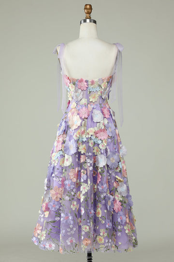 A Line Spaghetti Straps Lilla Tea Længde Prom Dress med 3D Blomster